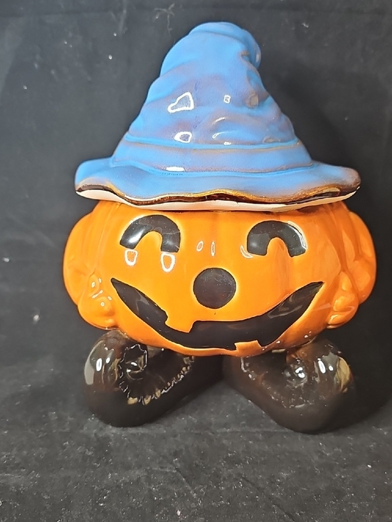 Other - Unique Orange Pumpkin Cookie Jar with Blue Witch Hat - Decorative Home Accent